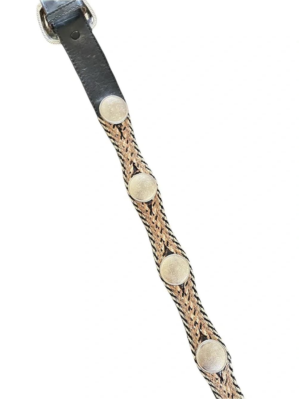 Western Leather Belt with Ornate Silver Conchos and Weaved Stiches Country Rodeo